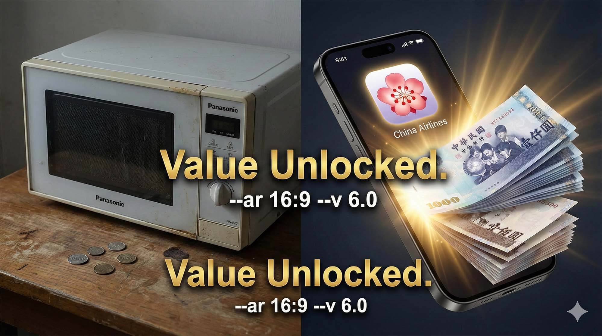 分割畫面比較圖，左邊是一台舊的 Panasonic 微波爐換到幾枚硬幣，右邊是華航哩程符號變成一疊鈔票，文字標示「解鎖隱藏價值」 / Split comparison image. Left: An old Panasonic microwave with a few coins. Right: A glowing "China Airlines Miles" icon turning into a stack of bills. Text overlay: "Unlock Hidden Value".